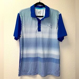 PUMA Power Cool Polo Shirt. Blue & White Stripes. Size Medium.